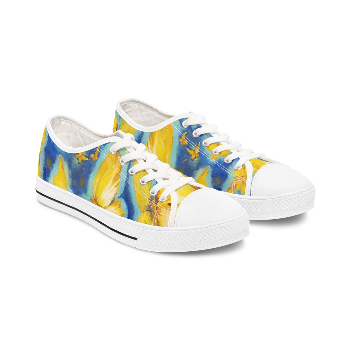 Wear a story of light.
Golden butterflies dance beneath an endless blue sky, inviting you to walk with courage, hope, and joy. Inspired by Olya Selivanova's original painting, these sneakers transform everyday moments into quiet reminders that beauty has the power to guide us home.