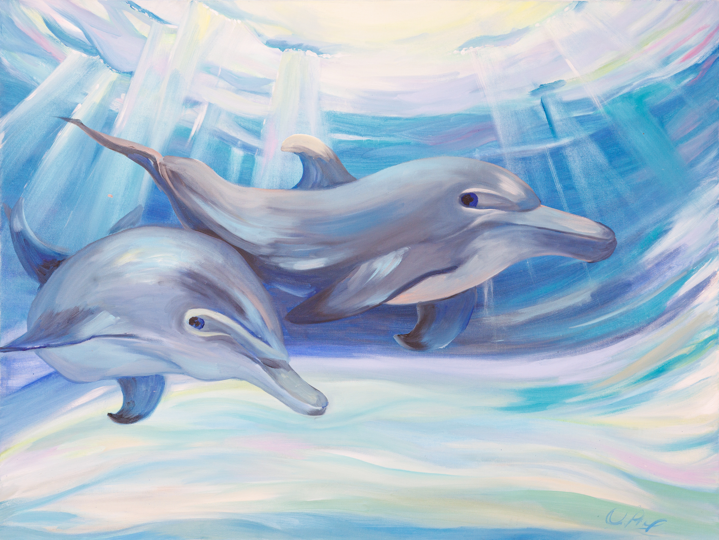 An underwater-style painting of two dolphins swimming among blue and white water with light rays filtering through the surface.